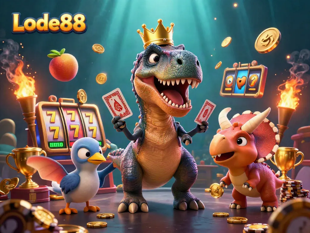 Watch the T-Rex shuffle cards and triceratops stack chips in a vibrant Lode88 casino scene.