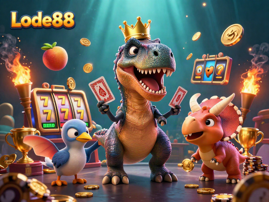 Watch the T-Rex shuffle cards and triceratops stack chips in a vibrant Lode88 casino scene.