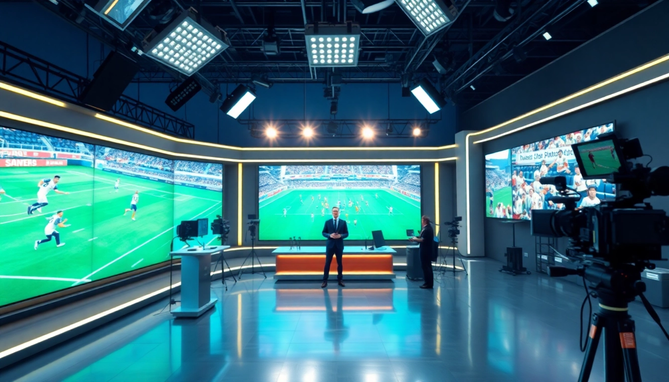 Engaging scene of Sports Broadcasting in a vibrant studio with host and dynamic graphics.