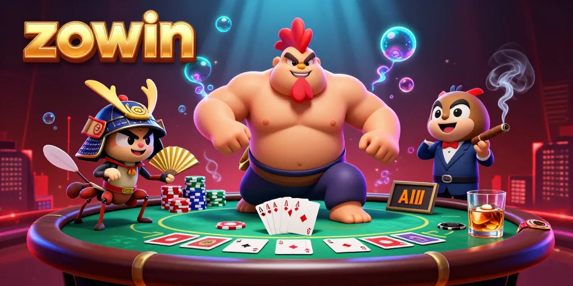 Zowin players enjoying a dynamic poker game with colorful chips and characters in an exciting atmosphere.