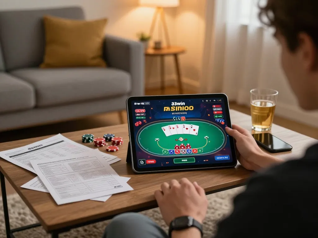 Player engaging in the 33win com app for online poker from a cozy home setup.