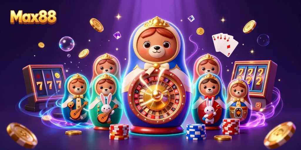 Experience the vibrant world of Max88 Casino with a playful scene showcasing themed characters and dynamic game elements.
