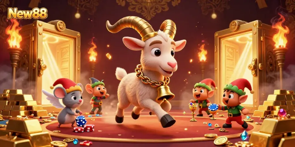 Experience the excitement of New88 with a vibrant casino scene featuring Krampus and elves amidst treasure and festive chaos.