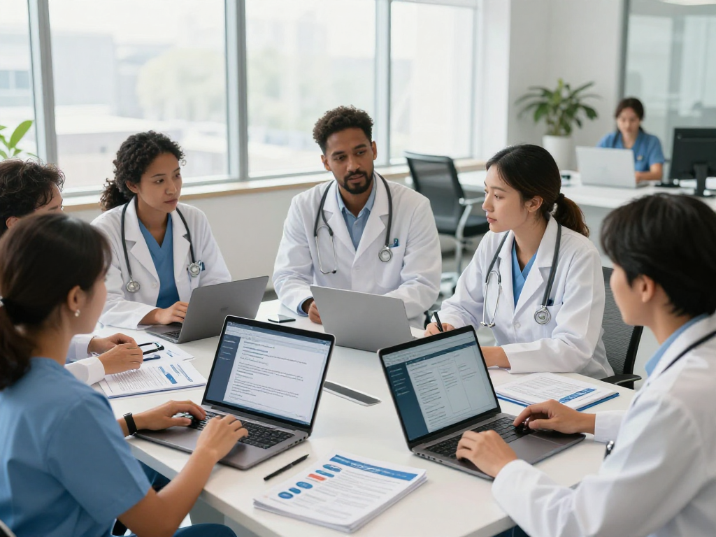 Healthcare professionals discussing Gemeinschafts data protection solutions in a modern office environment.