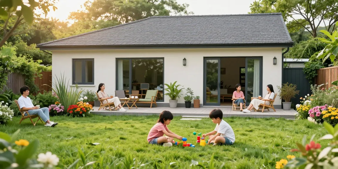 Familie entspannt vor ihrem Gartenhaus mit bunten Blumen und Sonnenlicht.