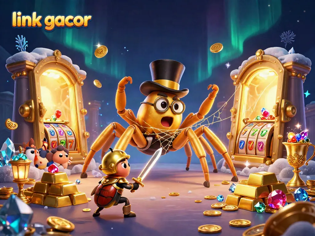 Experience the excitement of online gambling with link gacor, featuring a golden tarantula, knight beetle, and vibrant slot elements.
