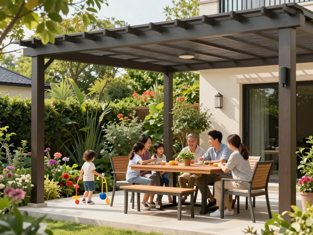 Software für Pergola-Installateure, dargestellt bei einem lebhaften Familienfest unter einer maßgeschneiderten Pergola mit üppigem Grün.