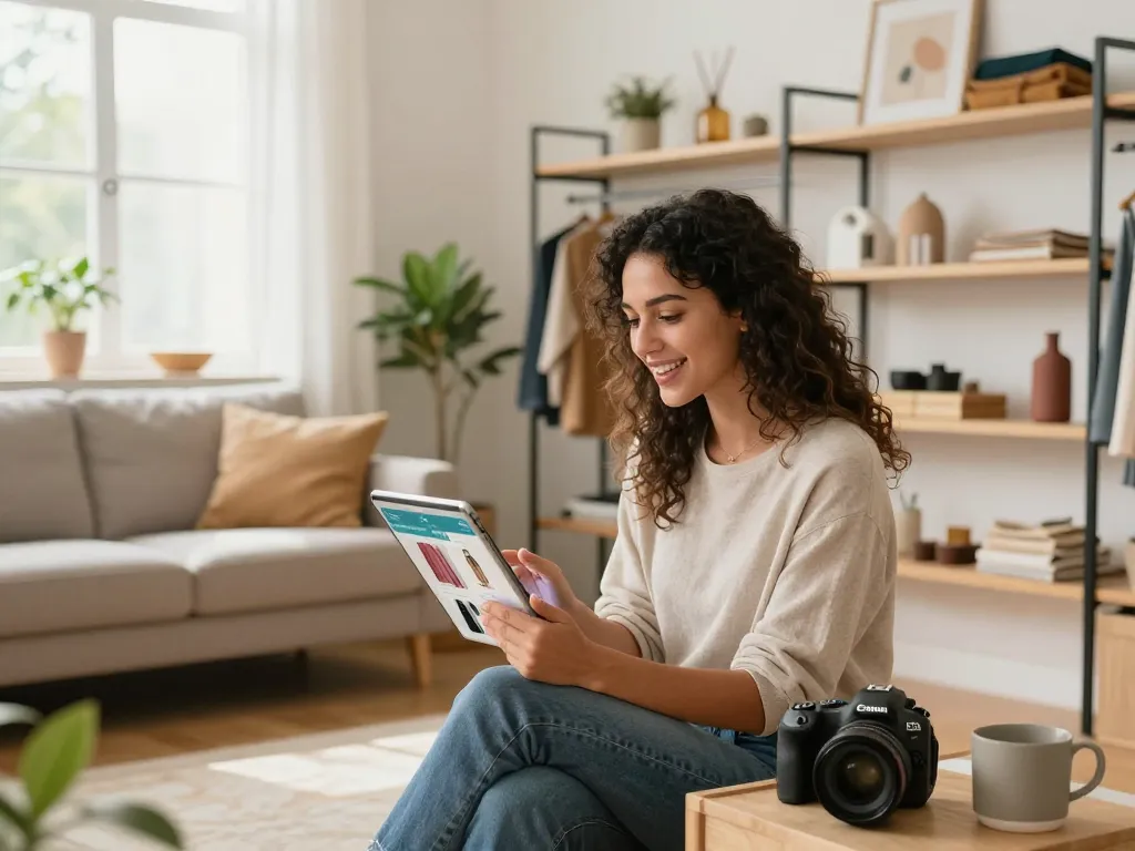 Frau, die online in einem stilvollen Wohnzimmer einkauft und Sofort Lieferbar Lifestyle-Produkte präsentiert.