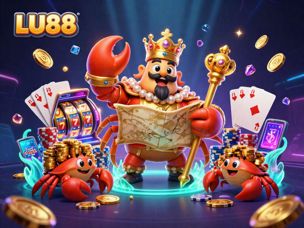 LU88's vibrant 3D casino scene showcases a golden crab emperor, sparkling jewels, and dynamic slot reels.