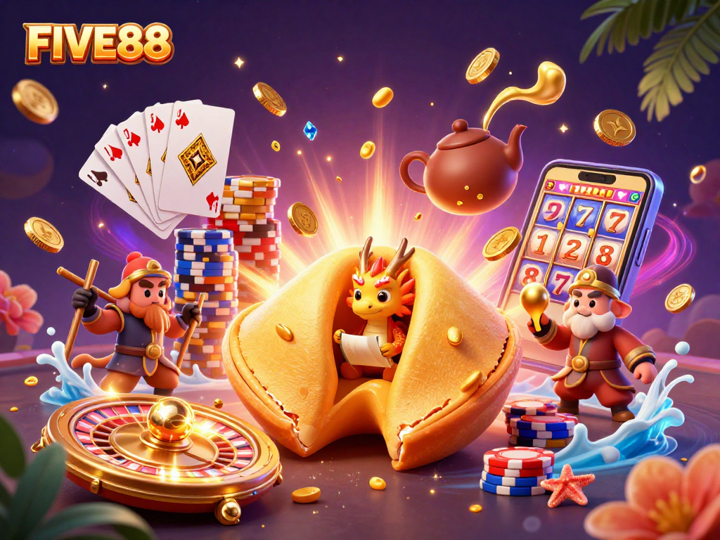 Engage with FIVE88's vibrant 3D casino scene, showcasing delightful fortune-themed characters.