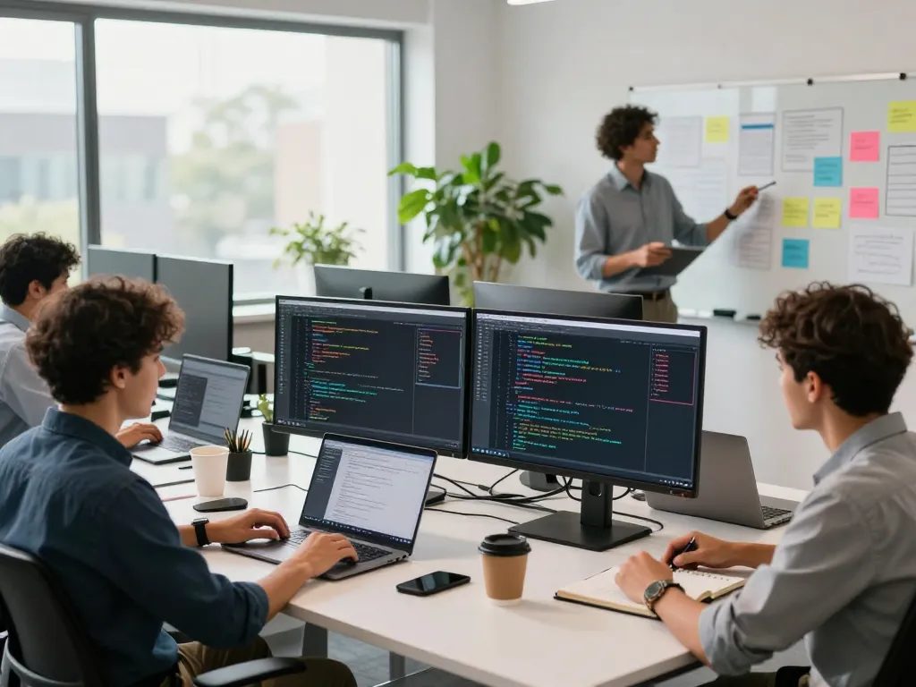 Dynamic tech collaboration scene at https://thscrore.com/, showcasing software developers in an innovative workspace.