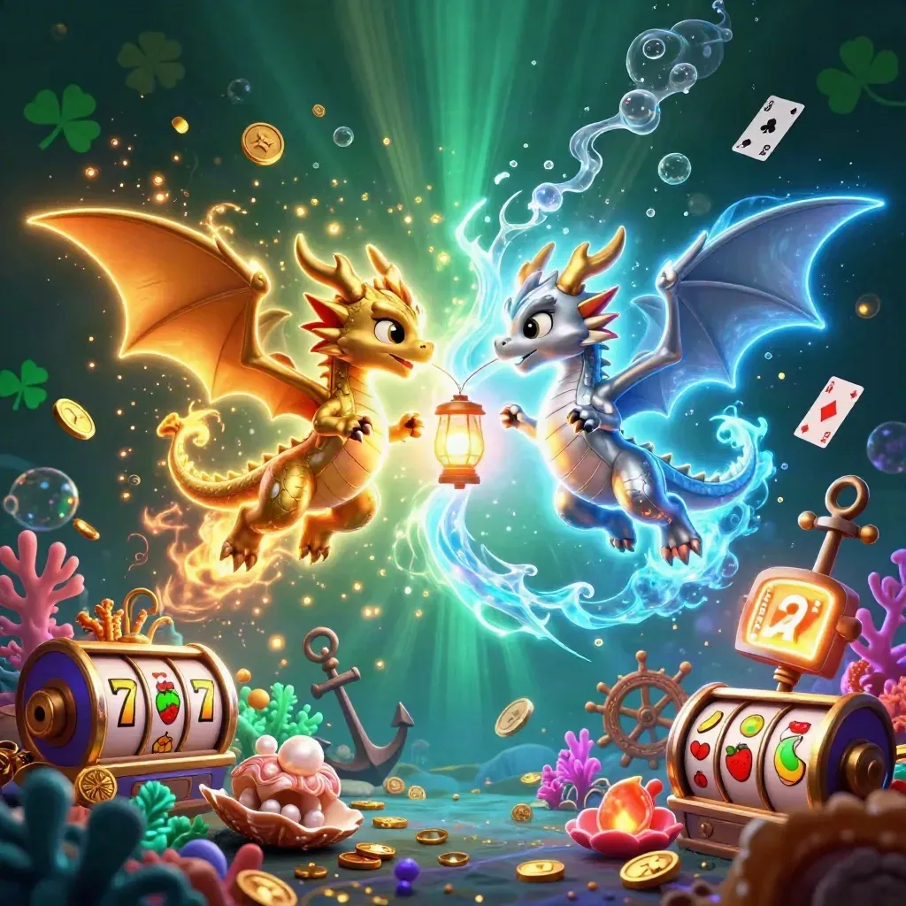 Zwei Drachen in Gold und Silber schweben über Schätzen, Korallen und Zauberlicht.