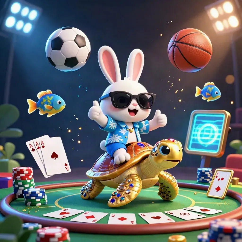 Lustiger Lucky-Hase auf goldener Schildkröte, Poker und Sportbälle im Neon-Look