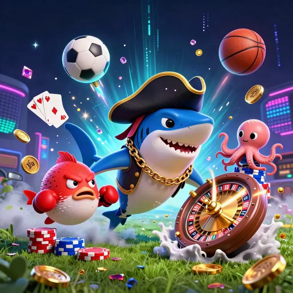 Piratenshark, Pufferfisch und Baby-Oktopus wirbeln Münzen, Karten und Bälle im Neon-Casino.