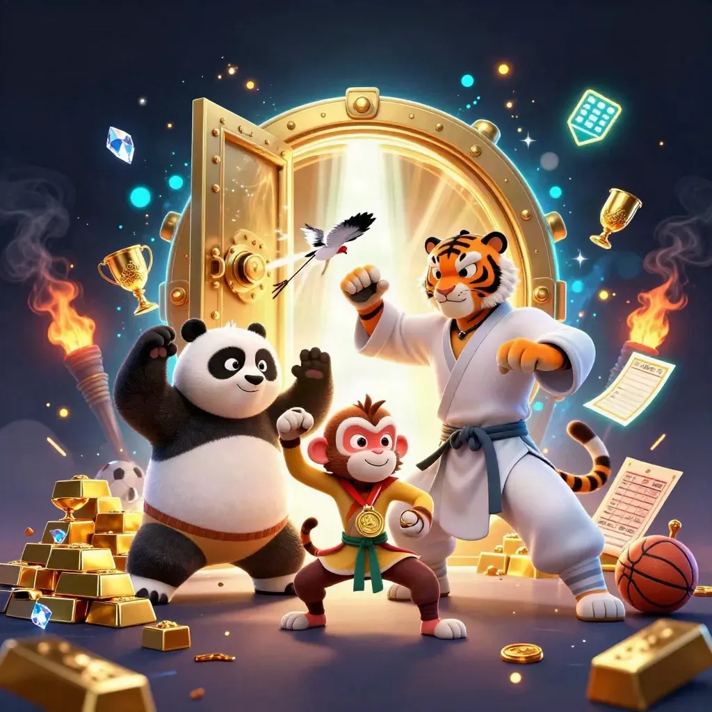 Tiger, Panda und Affe vor goldener Schatzkammer im Neon-Casino-Look.