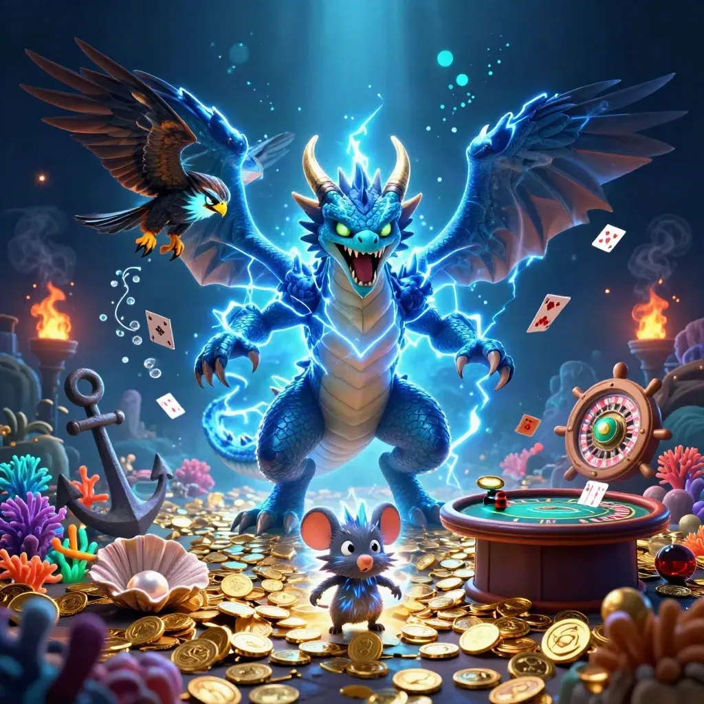 Drei Fantasy-Tiere in einer luxuriösen Casino-Meereshöhle mit Gold, Blitzen und Edelsteinen.