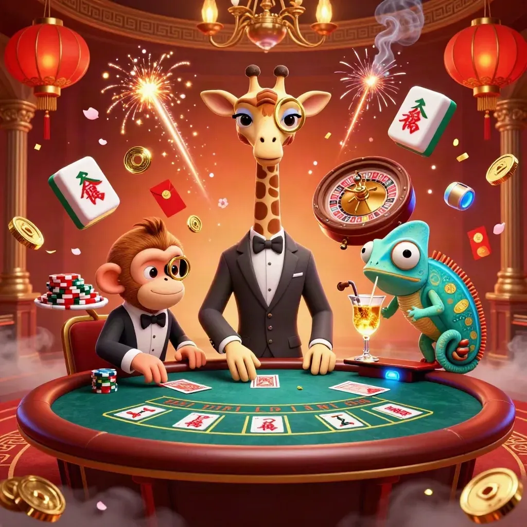 Giraffe, Affe und Chamäleon im glitzernden Casino mit Roulette, Münzen und Feuerfunken