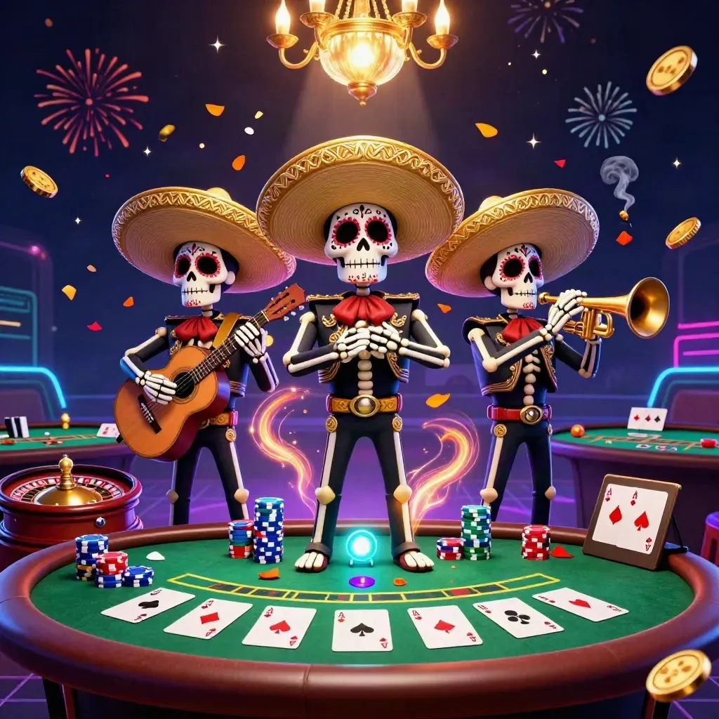 Day-of-the-Dead-Mariachis am Pokertisch, Neon-Casino, Roulette, Feuerwerk und Goldglanz