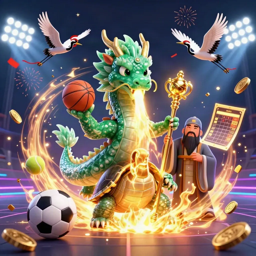 Jade-drache, Schildkröte und Kraniche mit goldenen Effekten in Neon-Casino-Optik.