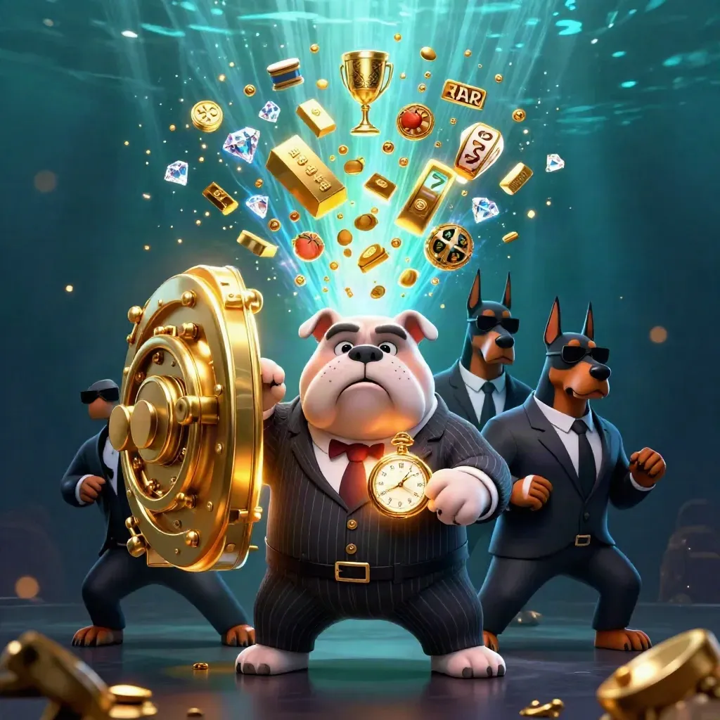 Mafiabulldogge mit zwei Dobermännern vor geöffnetem Goldtresor, funkelnde Casino-Action