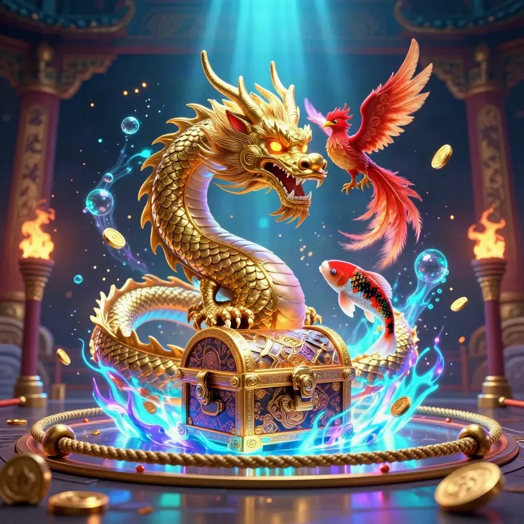 Goldener Drache mit Phönix und Koi vor Tempeltor, blaues Neonlicht und Goldglanz