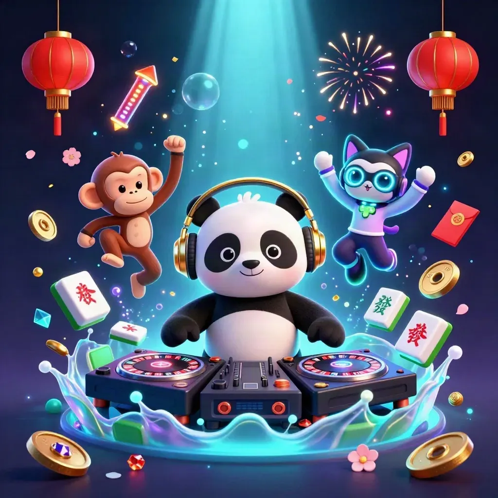 DJ-Panda, tanzender Affe und Glow-Katze in einem glitzernden Casino-Fantasybild.