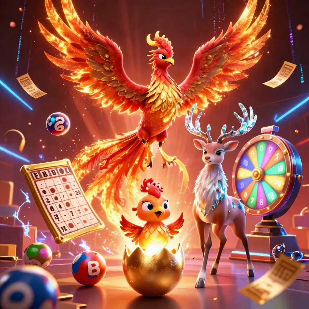 Phönix, Babyphönix und Hirsch mit Kristallgeweih, umgeben von Glücksspielen und Neonfunken.