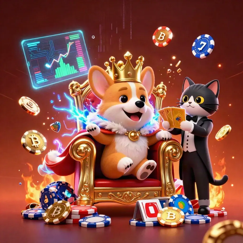 Königlicher Corgi und Katzenbutler auf Pokerchip-Thron, umgeben von Coins und Neonblitzen