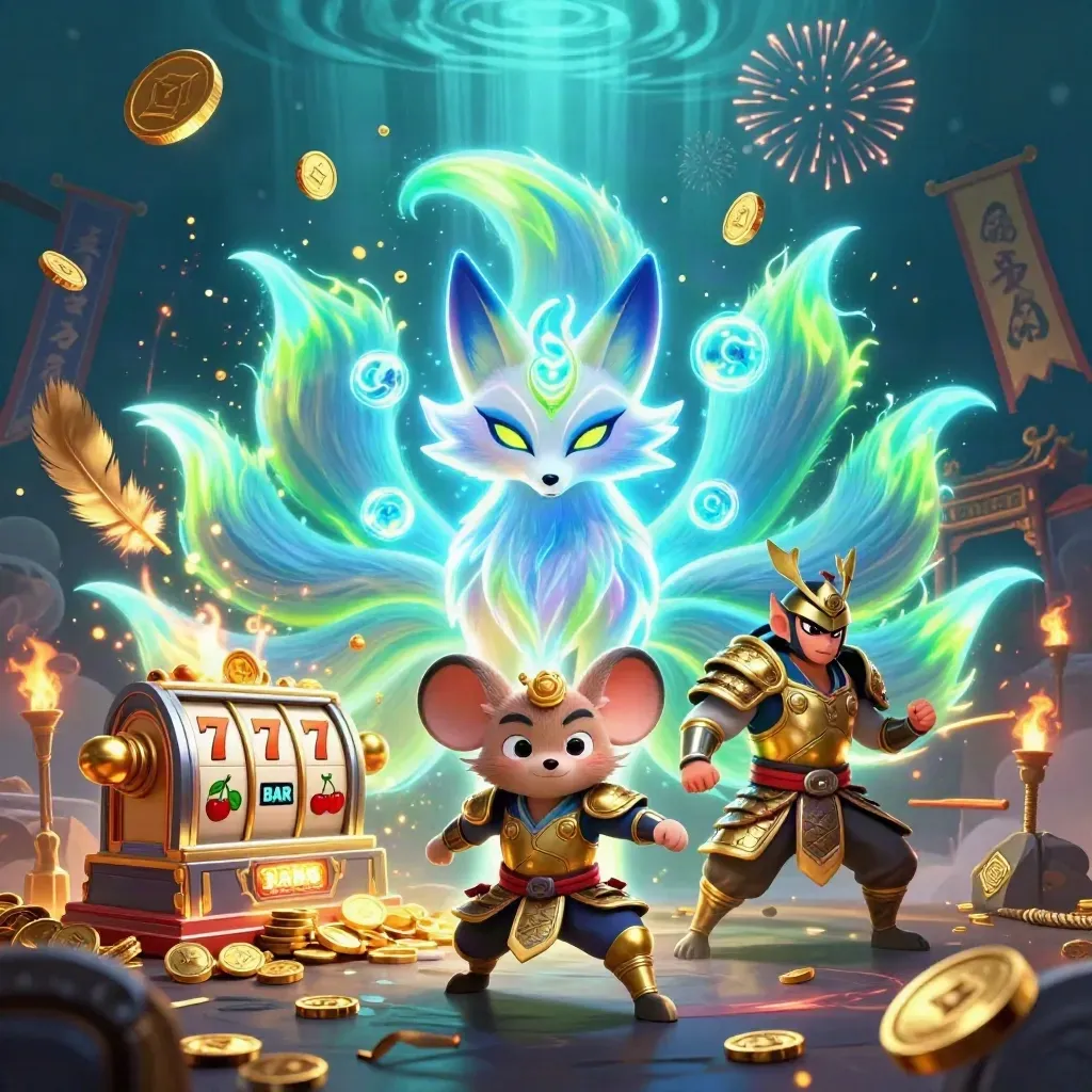 Neunschwänziger Fuchsgeist mit Samurai-Maus, Goldregen und Neon-Slot-Effekten im Dunkelblau.
