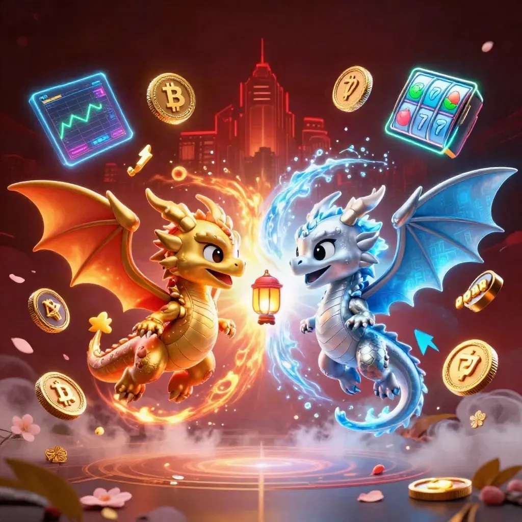 Zwei gold-silberne Drachen im Flug, mit Münzen, Runen und Neon-Lichteffekten.