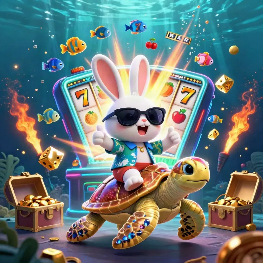 Lustiger Hase auf goldener Meeresschildkröte, umgeben von Slots, Münzen und Unterwasserleuchten