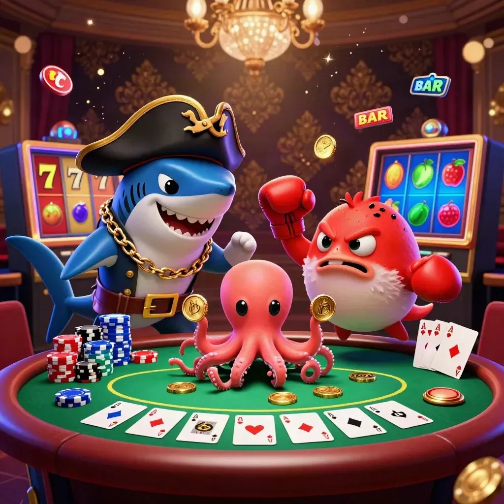 Piratenshark, Pufferfisch und Oktopus vor Pokertisch, Chips und Slot-Reels