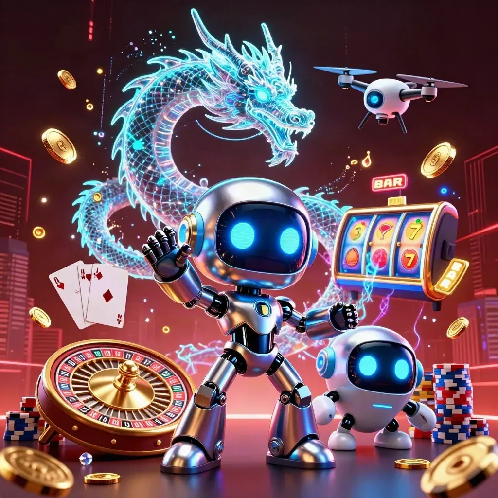 Cyberpunk-Roboter, Hologramm-Drache und Drohne in einer Casino-Explosion aus Münzen und Karten.