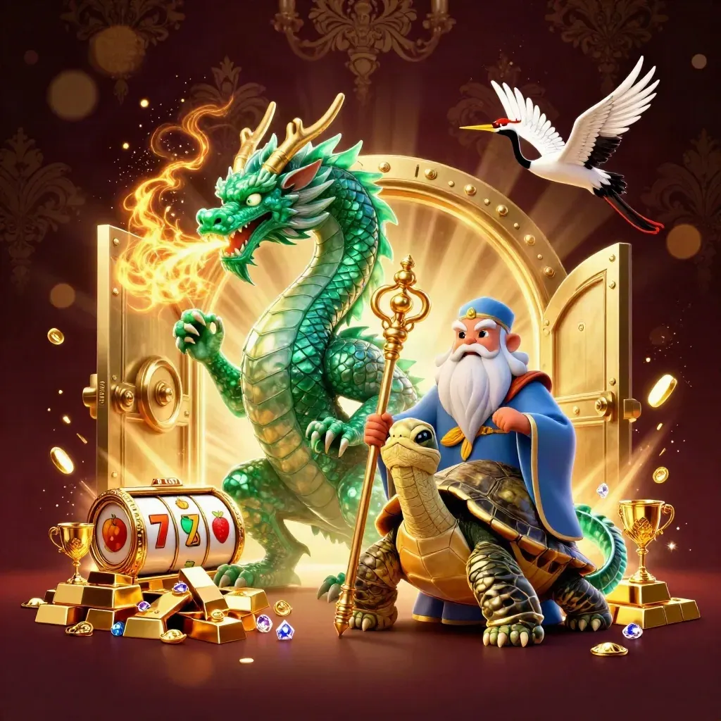 Grüner Drache, Schildkröte und Kraniche vor Gold, Tresor und Neonglanz.