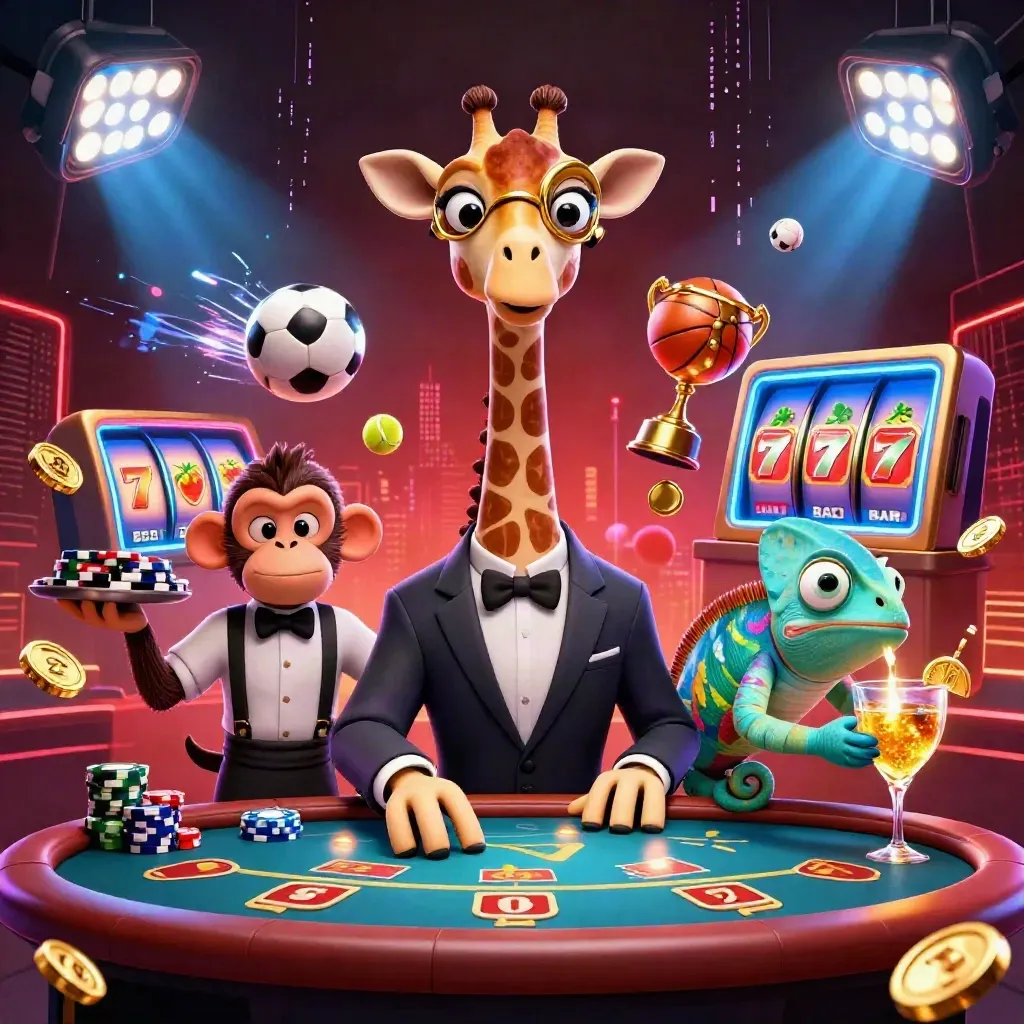 3D-Giraffe, Affe und Chamäleon am VIP-Pokertisch mit Gold, Münzen und Neonlicht