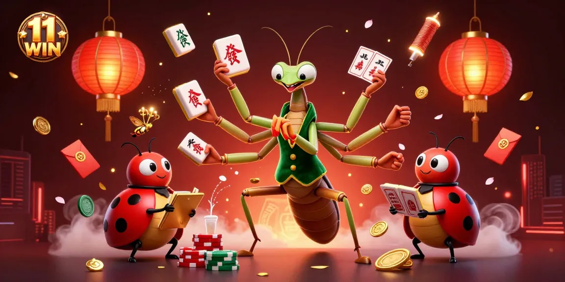 Experience the thrill of 11 WIN with our dynamic casino scene featuring a giant mantis and ladybug characters.