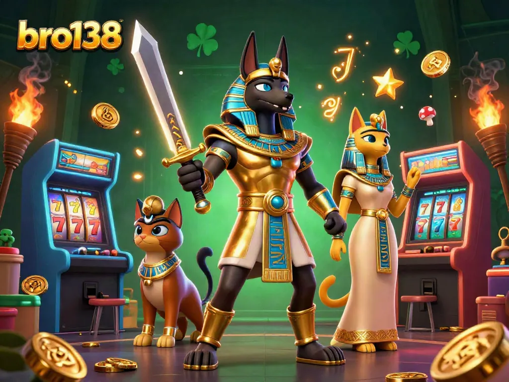 Spin on exhilarating games with bro138 illustrated by Anubis and Bastet alongside slot reels and neon elements.