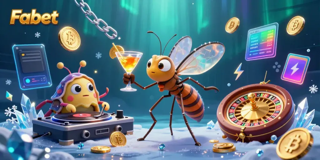 Experience Fabet's vibrant casino scene with a frozen mosquito mascot, trilobite DJ, and golden roulette wheel.