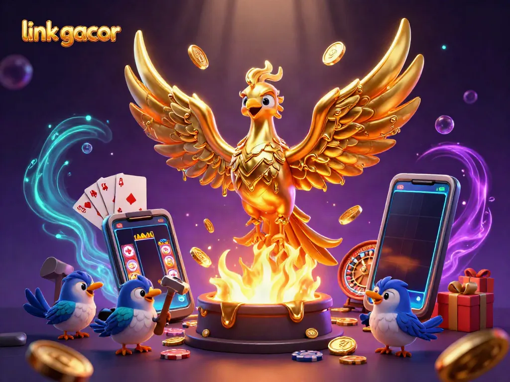 Immerse in the world of link gacor with a golden phoenix symbolizing jackpot wins and casino excitement.
