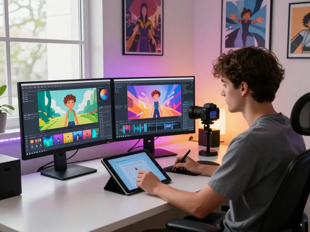 Young professional using Kling AI 2.7 software at a modern workstation for animation.
