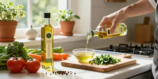 Schwarzkümmelöl kaufen für gesunde Rezepte in einer einladenden Küche mit frischen Zutaten.