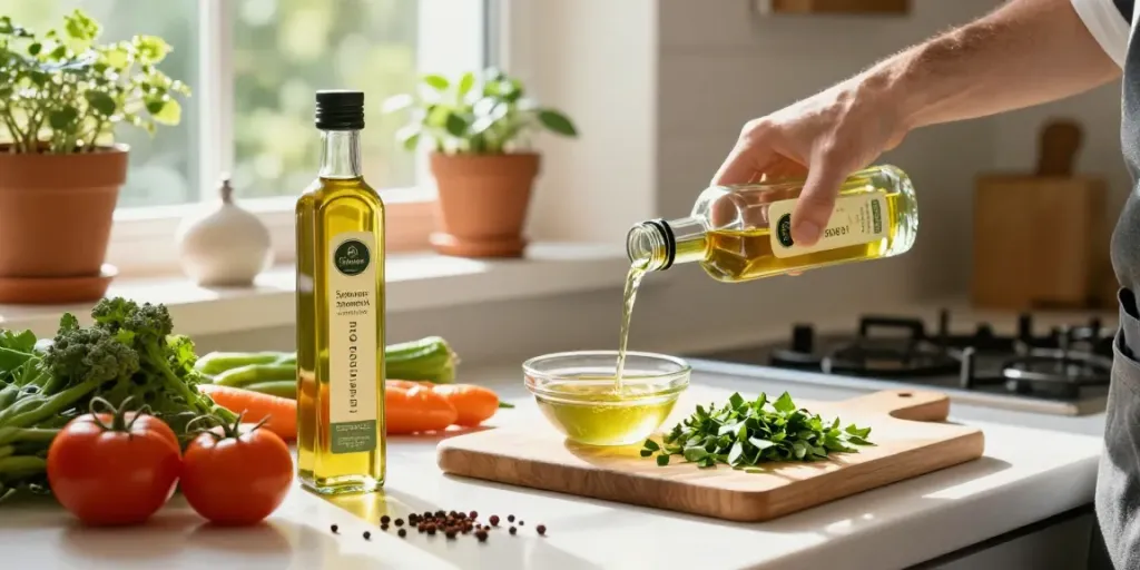 Schwarzkümmelöl kaufen für gesunde Rezepte in einer einladenden Küche mit frischen Zutaten.