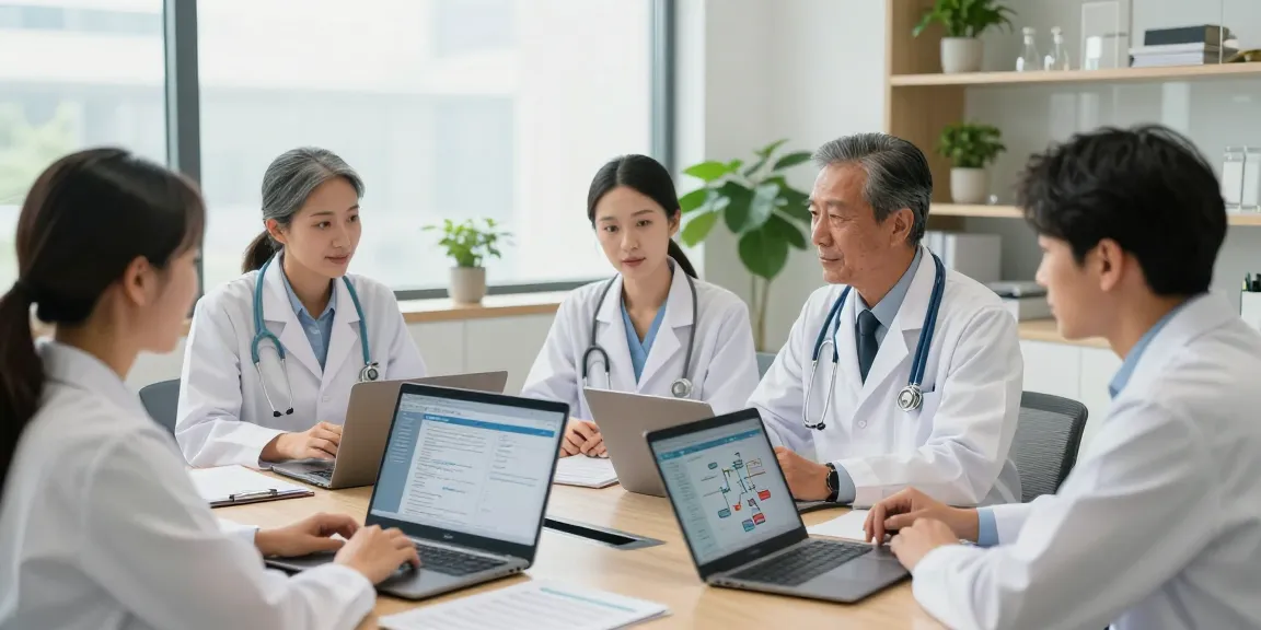 Gemeinschaftsärzte besprechen Datenschutzmaßnahmen in moderner Klinik mit digitalem Fokus.