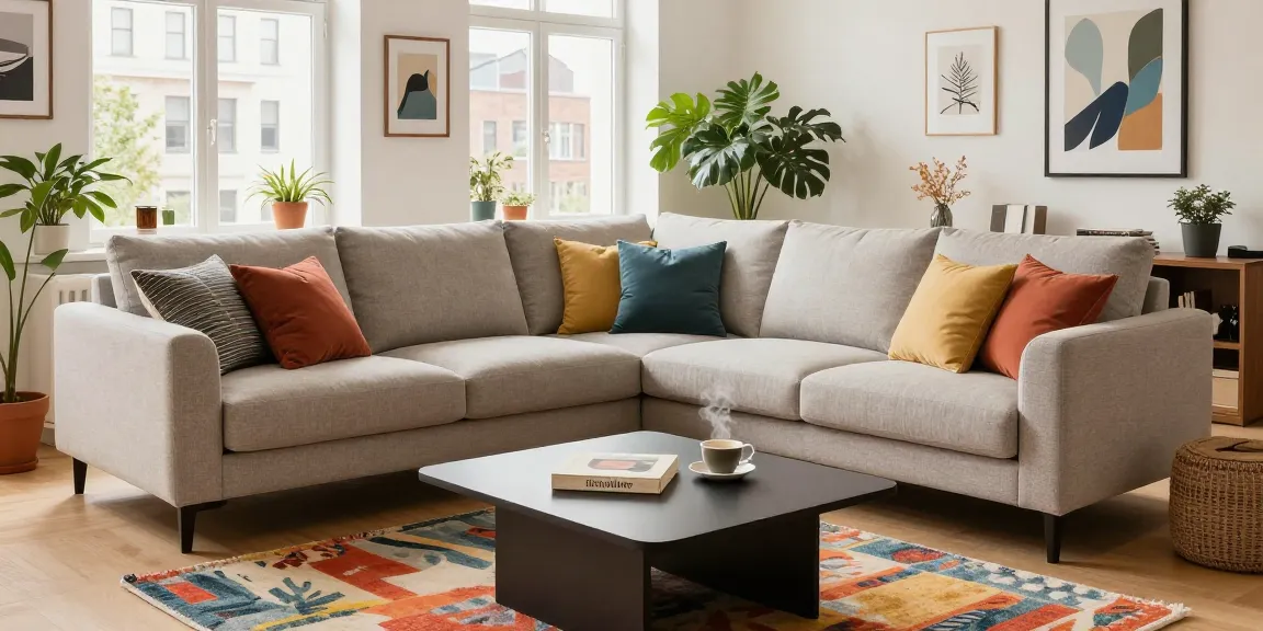Stilvolles Wohnzimmer mit günstigen Möbeln online, ausgestattet mit einem schicken Sofaset und lebendigem Dekor.