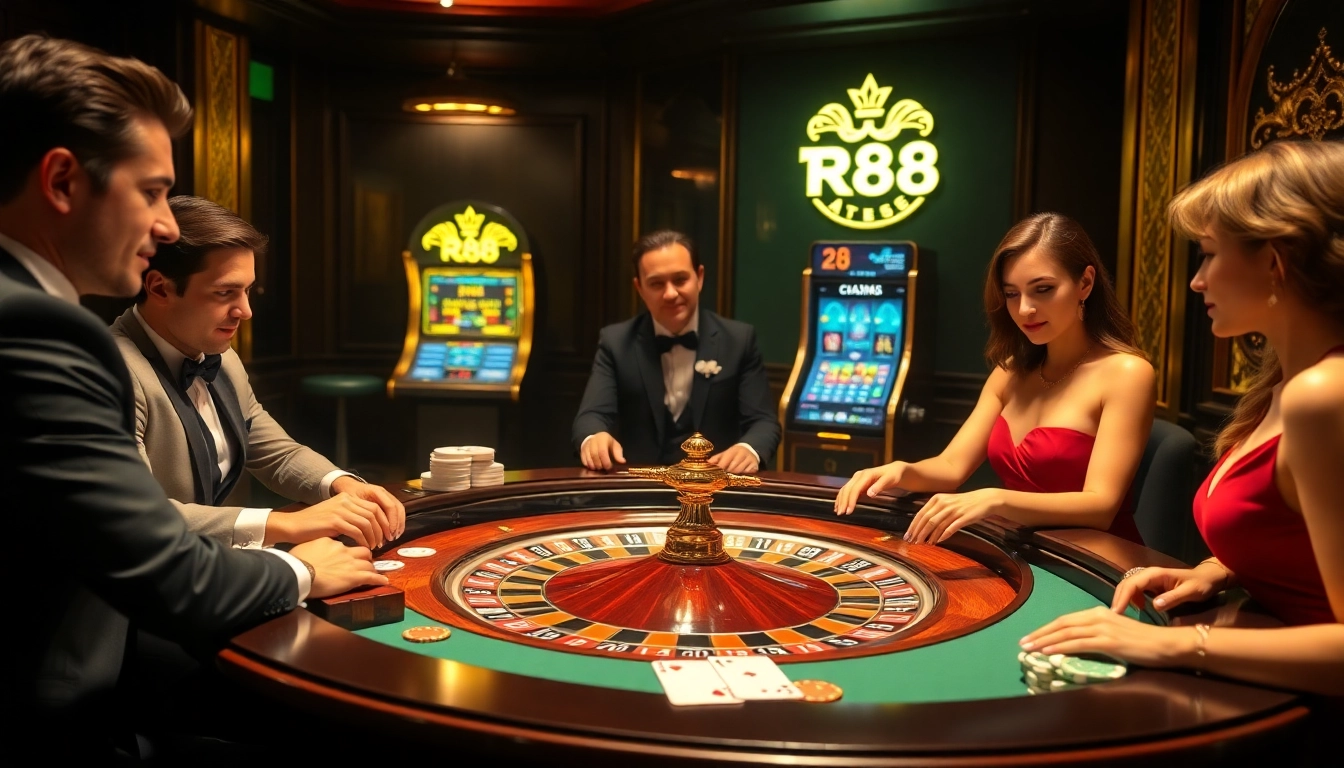 Gambling excitement at RR88 with players enjoying roulette in a luxury casino setting.