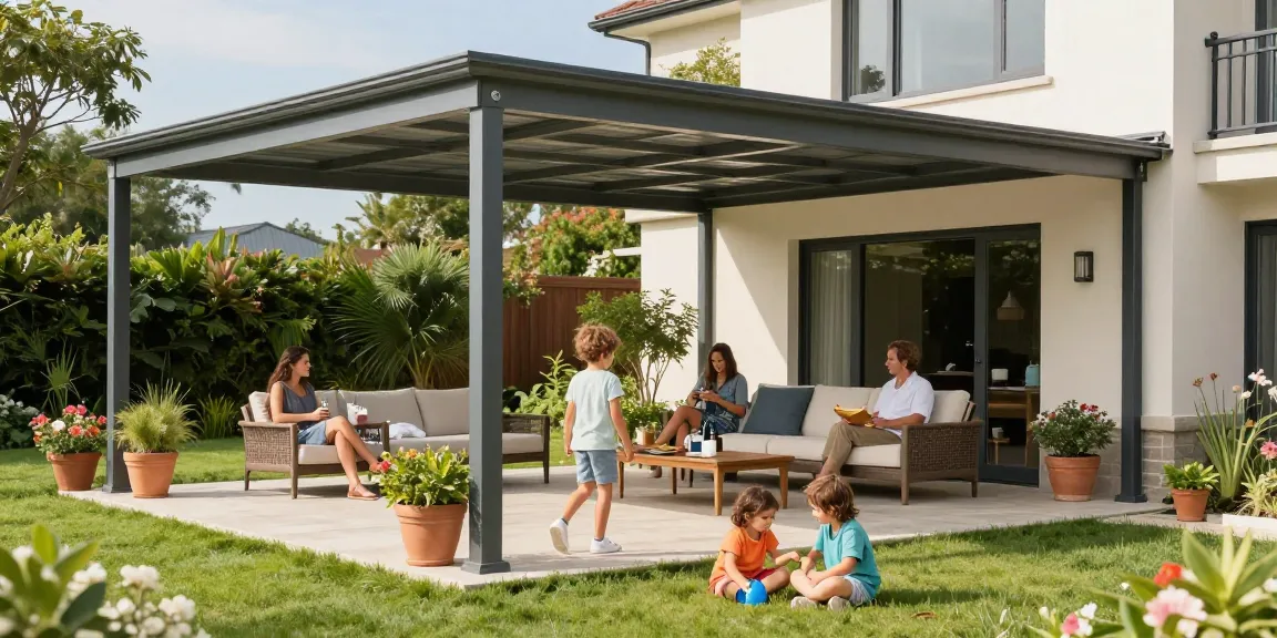 Moderne Terrassenüberdachung mit Familie im Garten, entspannte Atmosphäre und stilvolle Einrichtung.