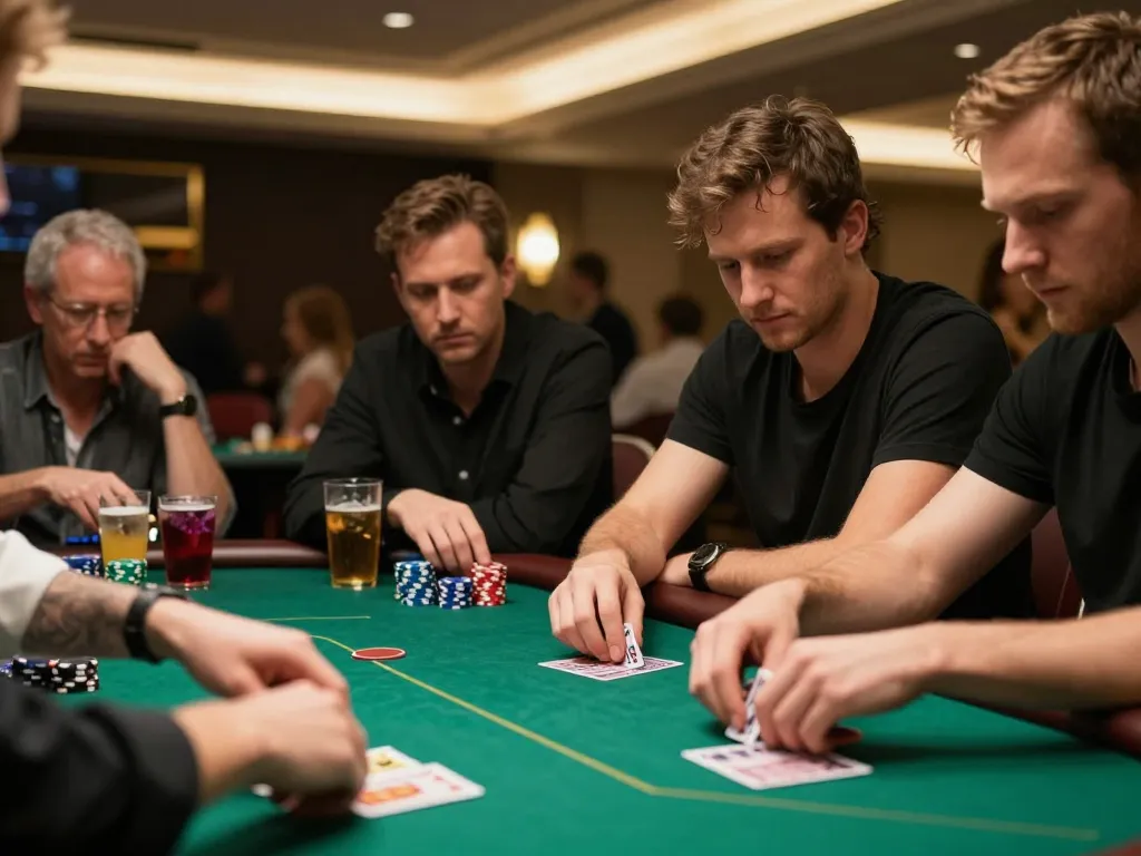 Spieler strategisieren an einem Pokertisch und zeigen Immobilienmakler Frankfurt Eckenheim in einem lebhaften Kasino-Setting