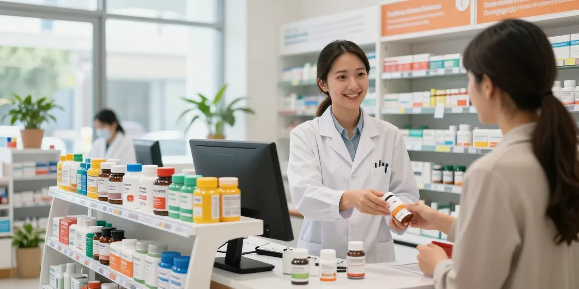 Im Selliza Pharma Shop berät ein Apotheker Kunden über Gesundheitsprodukte und Nahrungsergänzungsmittel.