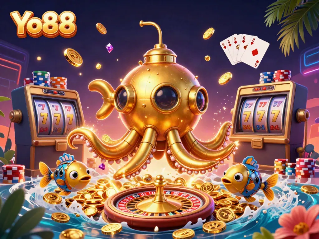 Experience thrilling gameplay at Yo88 with a golden kraken submarine and casino elements exploding in action.
