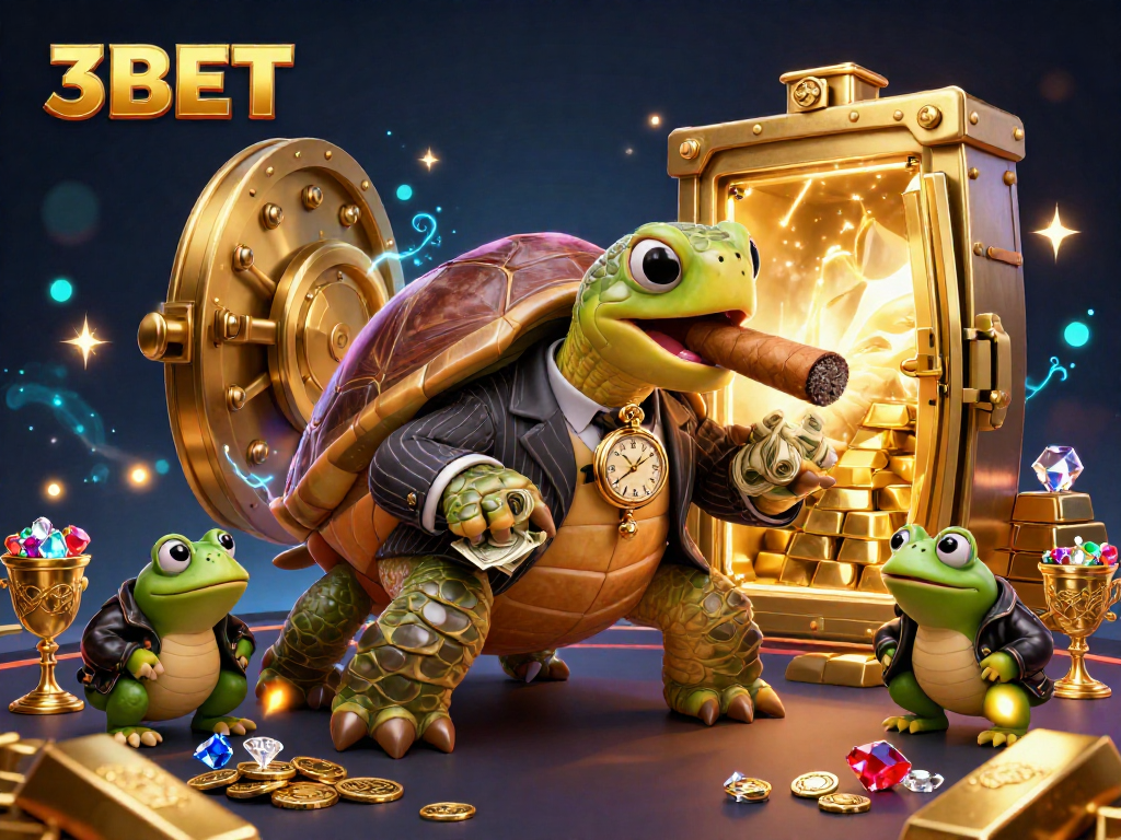 Experience vibrant gaming action with 3BET in a lively casino scene featuring a mobster turtle and bullfrog enforcers.
